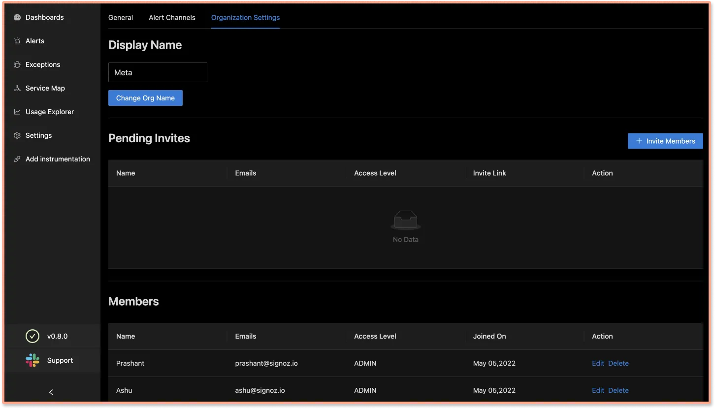 Organization settings on SigNoz dashboard