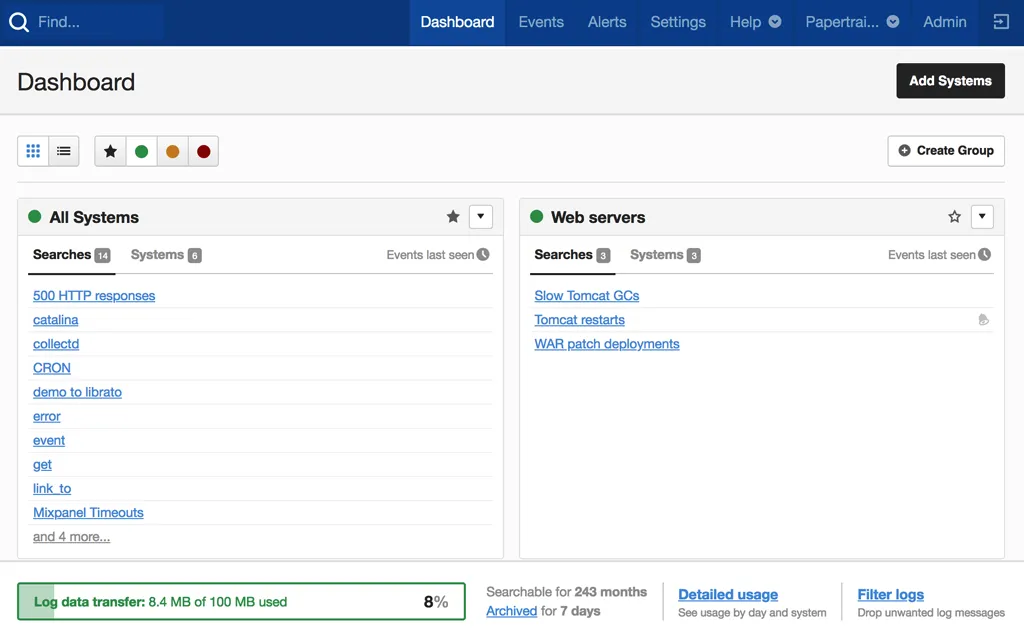 Papertrail log management dashboard (Source: Papertrail website)