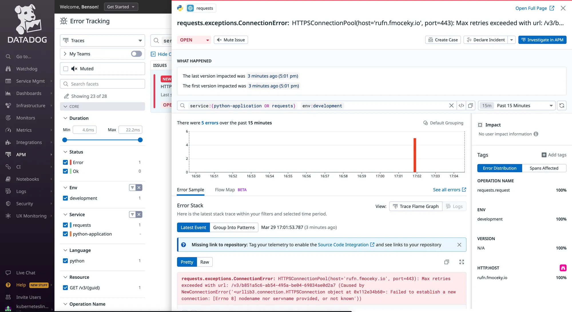 Error tracking for sample application in Datadog