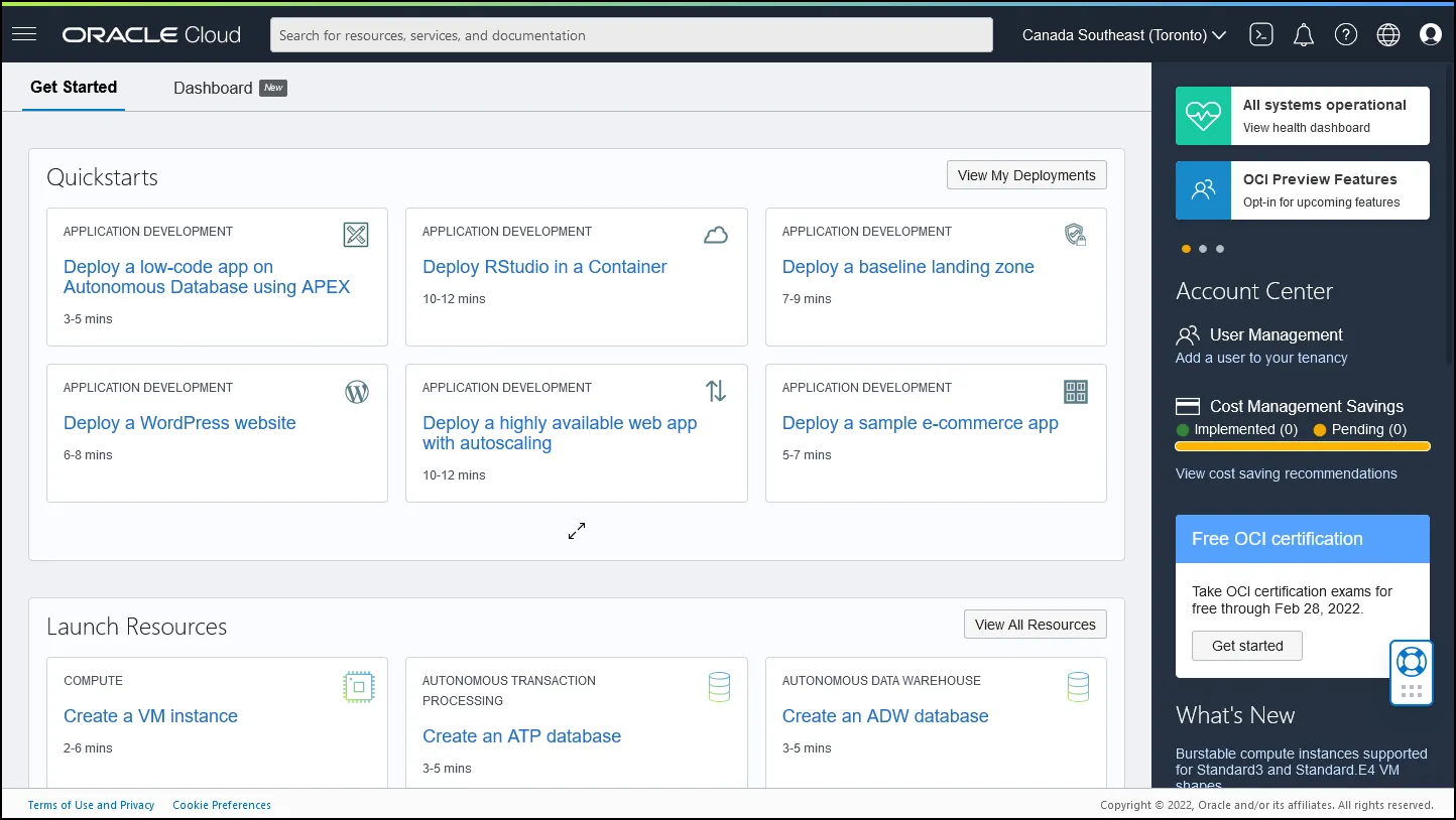 Oracle Cloud Infrastructure (OCI) Dashboard