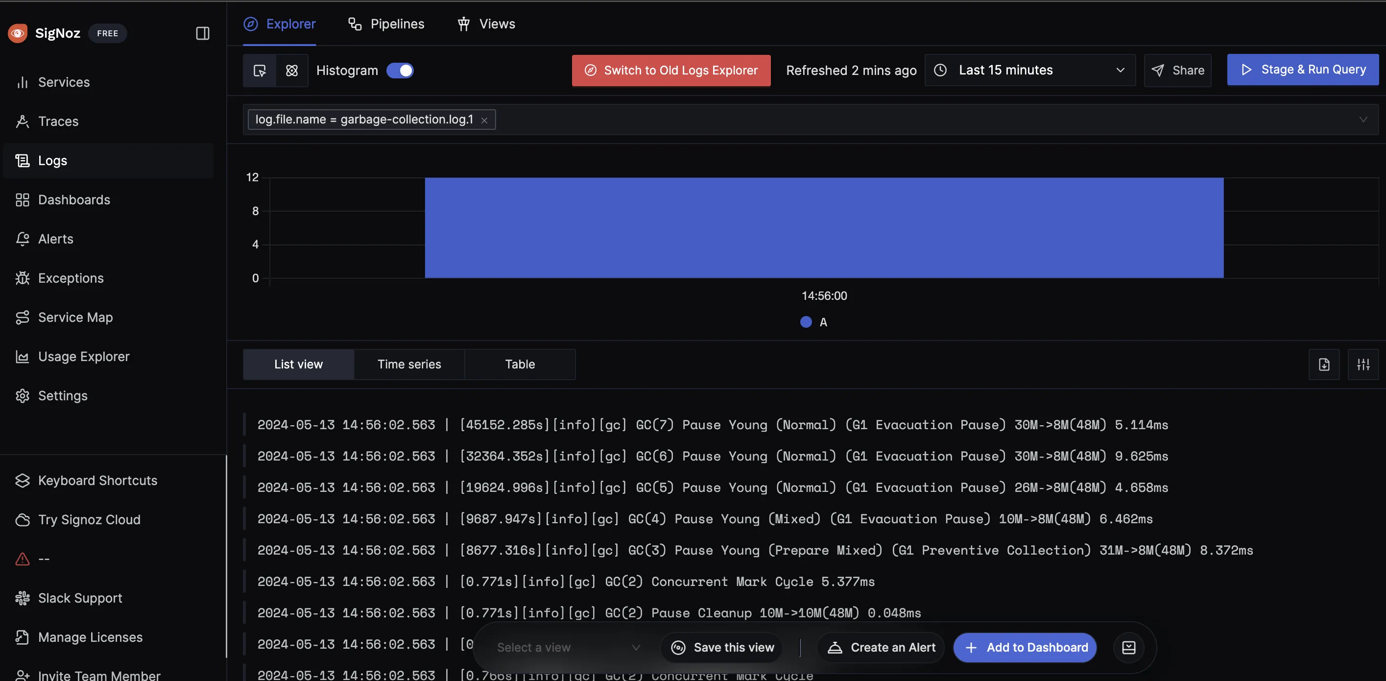 garbage logs visible in SigNoz