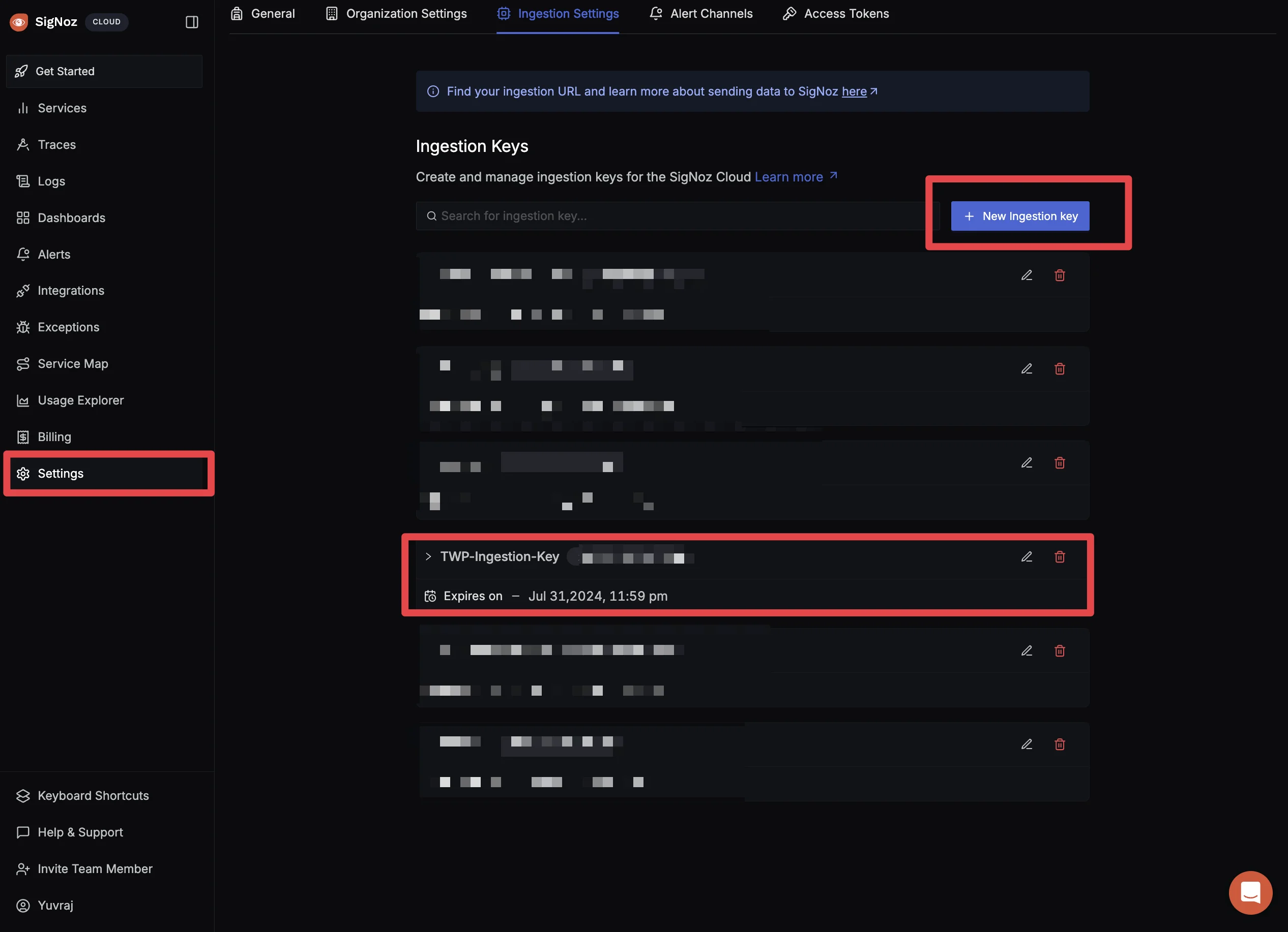 SigNoz Ingestion Settings Page