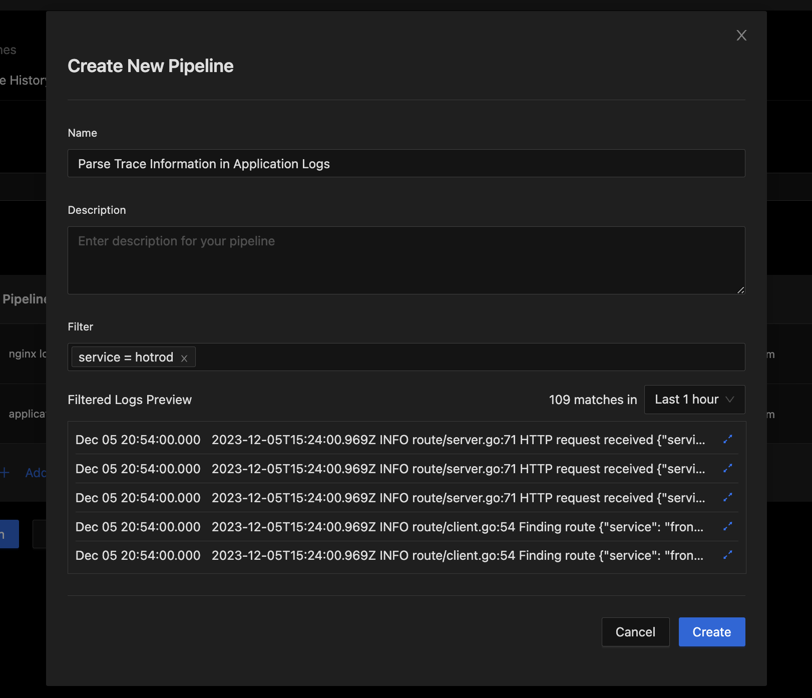 Create New Pipeline dialog